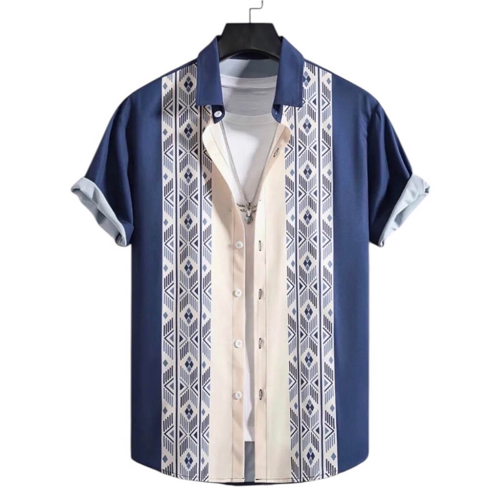Geometrical Print Short Sleeve Blue Shirt w Lapel Collar (XXL)